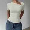 Chemise Femme Manches Courtes Col Biais Style Commuting Hauts Décontractés Coupe Ajustée Couleur Unie T-shirt d'Été