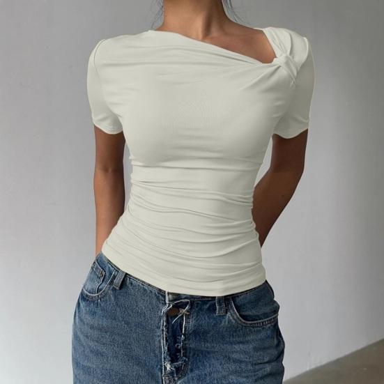 Chemise Femme Manches Courtes Col Biais Style Commuting Hauts Décontractés Coupe Ajustée Couleur Unie T-shirt d'Été