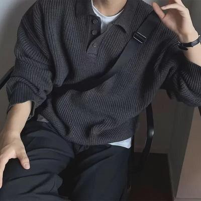 Herren Pullover mit Polokragen im Hongkong-Stil: Herbst/Winter Locker sitzendes Langarm-Oberteil mit Revers in Unifarbe