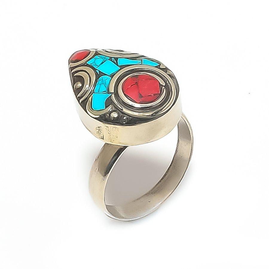 

Tibetan Turquoise, Coral Gemstone 925 Sterling Silver Ring Size Adjustable I2i35