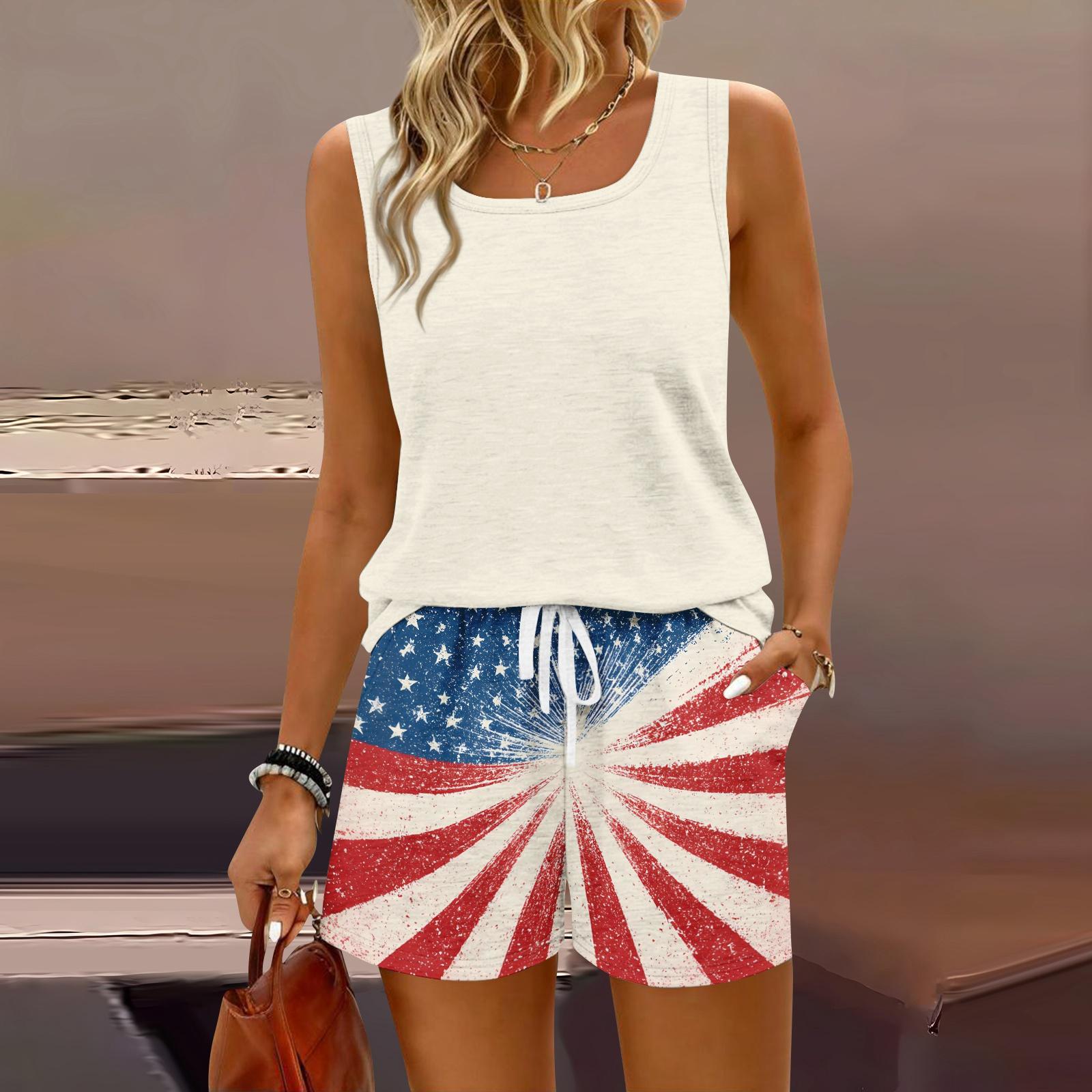 

Women Summer Casual Two Piece Set Sleeveless Tank Top Square Neck Athletic Vest with Pockets and Drawstring Waist Shorts XXXL бежевый