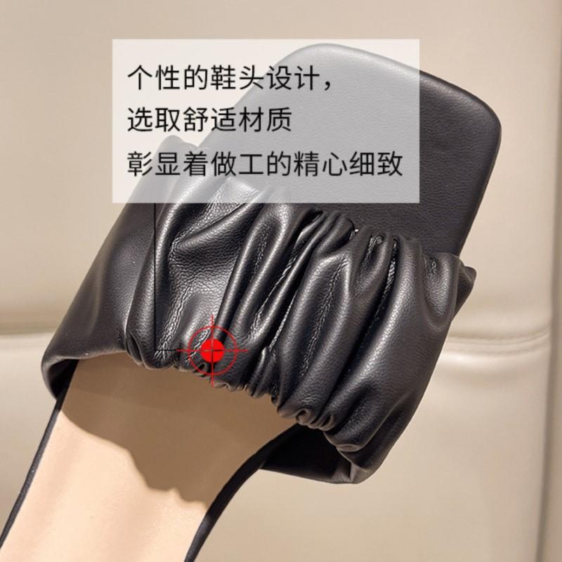 Fashion Womens Plus Size Square Toe Crinkle Strappy Slides Korean Summer 2025 Slip-On Sandals Comfortable Outdoor Casual Lazy Slippers