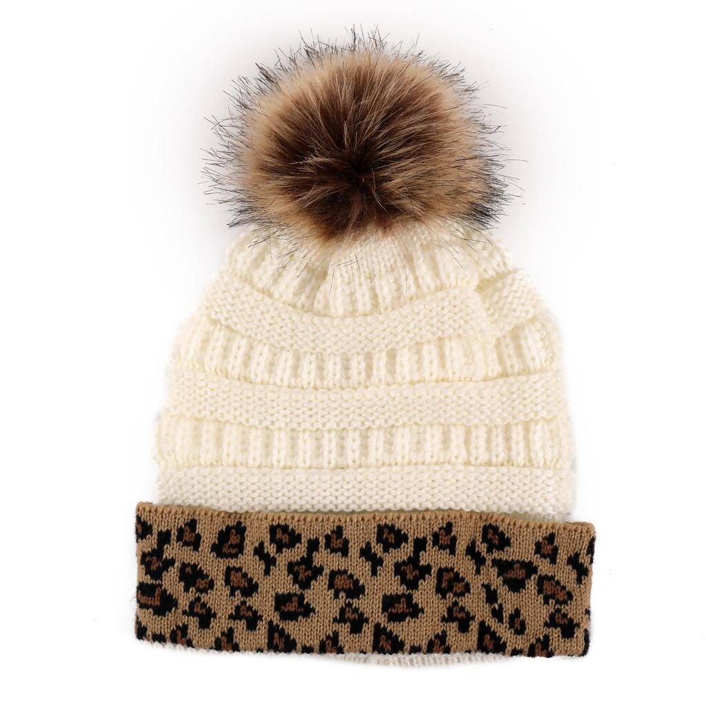 Fashion Winter Leopard Women's Hat Warm Knitted Beanies Cap For Women Girl Pom Pom Thick Lady Female Cap Hat With Hair Ball