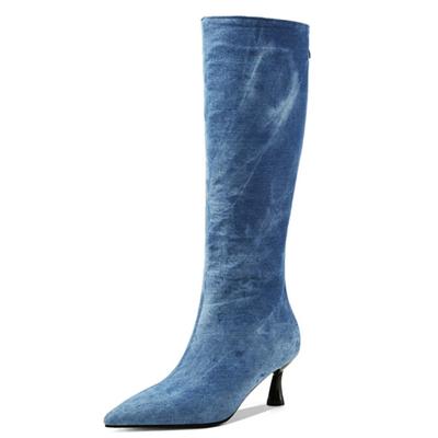 Fashion Blue Jeans Knee High Boots Women Shoes Spring Winter Point Denim Heels Long Boot Dance Party Shoes Female Large Size 44 46