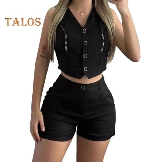 

Женский комплект из двух предметов, без рукавов, комплект из жилета с V-образным вырезом на пуговицах и шорт с карманом, летний повседневный наряд L чёрный