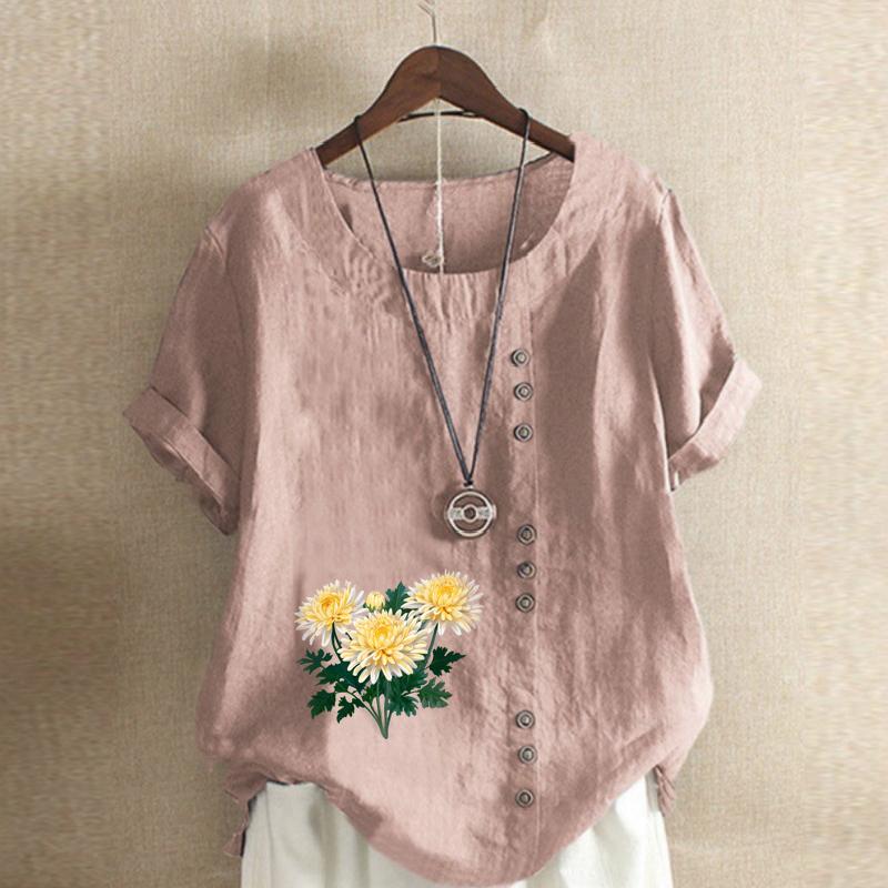 Women's Fashion Chrysanthemum  Prined Round Neck Short Sleeve T-shirt Casual Cotton Linen Graphic Shirt Leisure Loose Summer Blouse Tops