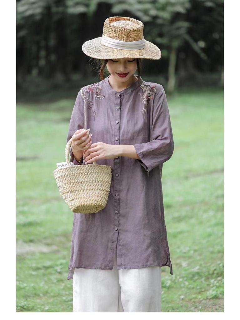 Frühlings-/Sommer-Strickjacke aus bestickter Baumwolle und Leinen: Vielseitige, locker sitzende, mittellange Oberbekleidung für Damen