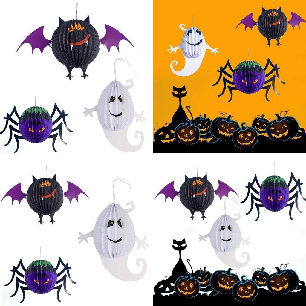 Atmospheric Halloween Paper Lantern Decoration With Spooky Spider Bat And Ghost Motifs