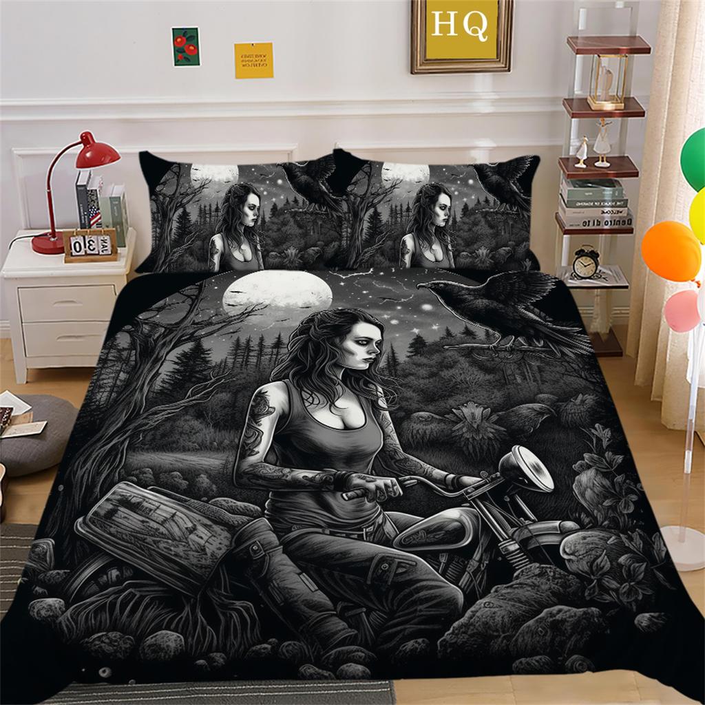 3D Dark Beauty Motorcycle Printed Bedding Set Beauty Skull Head Duvet Cover 2/3 Pieces AU180 * 210 Super Big Bed Room Quick Drying Home Decoration