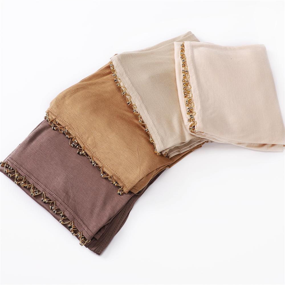 Handmade Beaded Gold Rings Soft Basic Cotton Elasticity Jersey Hijab Solid Colors Long Shawl Muslim Women Scarf Hijabs Headwrap