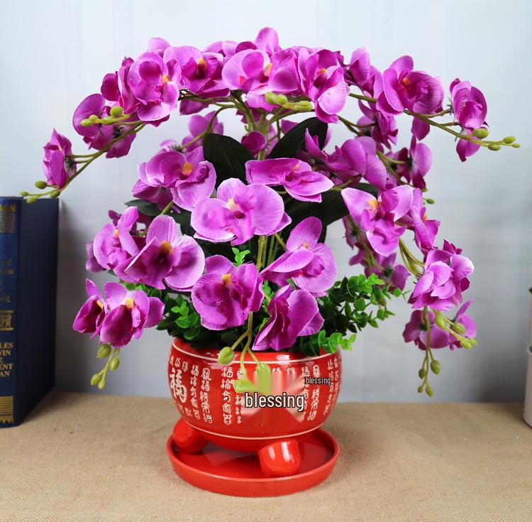 Phalaenopsis Silk Flower Arrangement in Red Ceramic Pot for Indoor Decoration or Weddings
