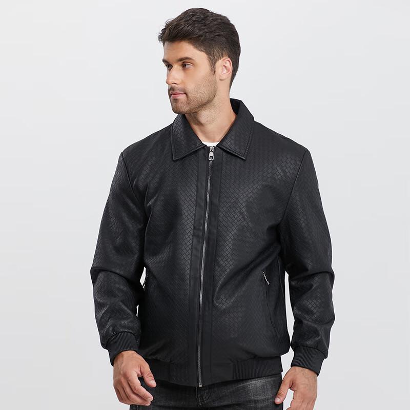 Men's Plus Size Casual Woven Leather Jacket with Turn-Down Collar