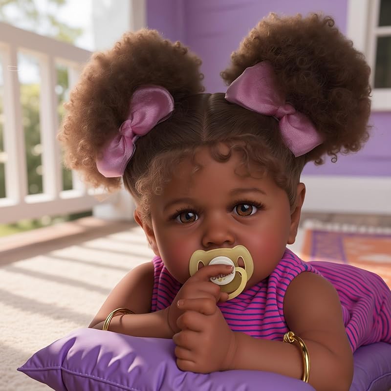 JIZHI Reborn Baby Dolls Black - 22 Inch Lifelike Soft Body Realistic-Newborn Baby Dolls Taupe Eyes Caramel Skin Tone Pink Striped Skirt Real Life and Saskia
