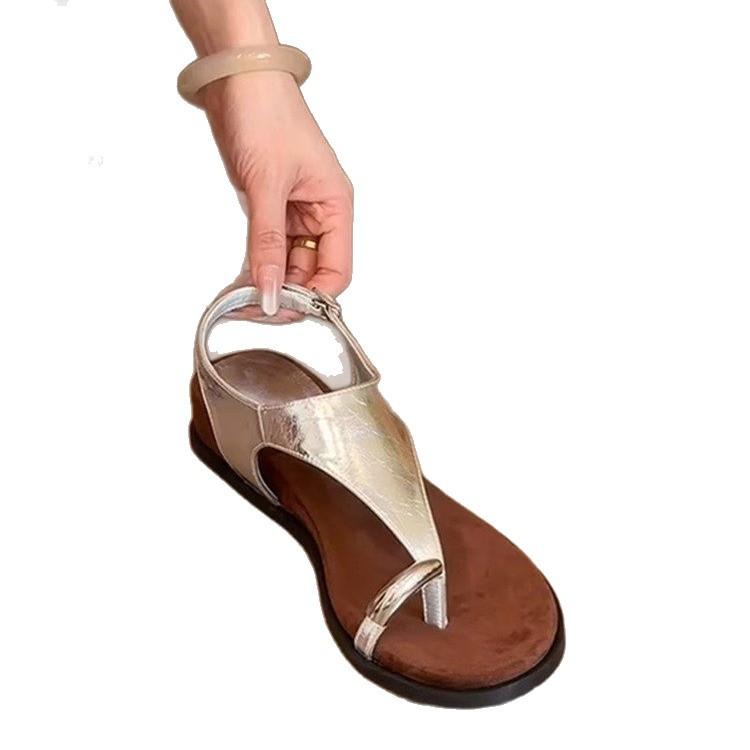 Sheepskin Version~ French Niche Metal Buckle Cover Toe Sandals Fairy Wind Open Toe Soft Leather Soft Sole Comfortable Roman Shoes