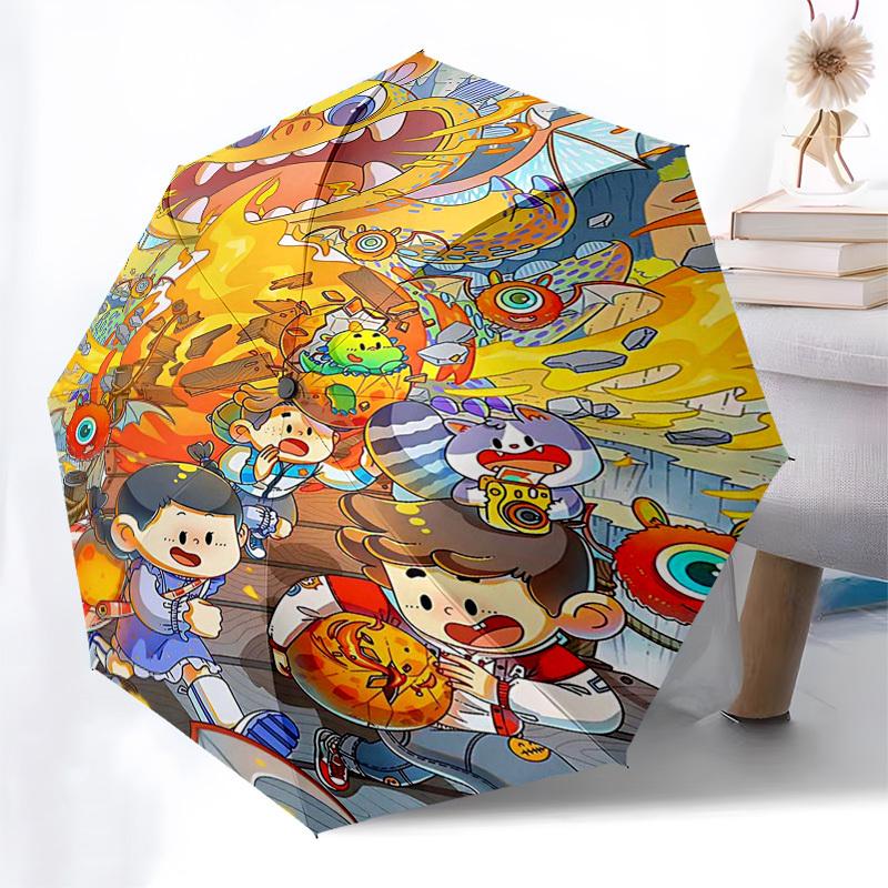 1pc Outdoor Umbrella with Dragon and Cute Characters - Automatic Opening/Closing, Portable 3-Fold Design, 8-Bone Iron Frame - Perfect Gift for Fa