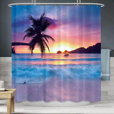 Strand Duschvorhang Tropische Küste Palmen Duschvorhang Sonnenuntergang Ozeanwellen Duschvorhang Blauer Himmel Küsten Sonne mit Haken