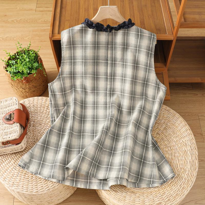 Chic Plaid Sleeveless Wood Ear Trim Vest - Summer 2025 Women's Fashion