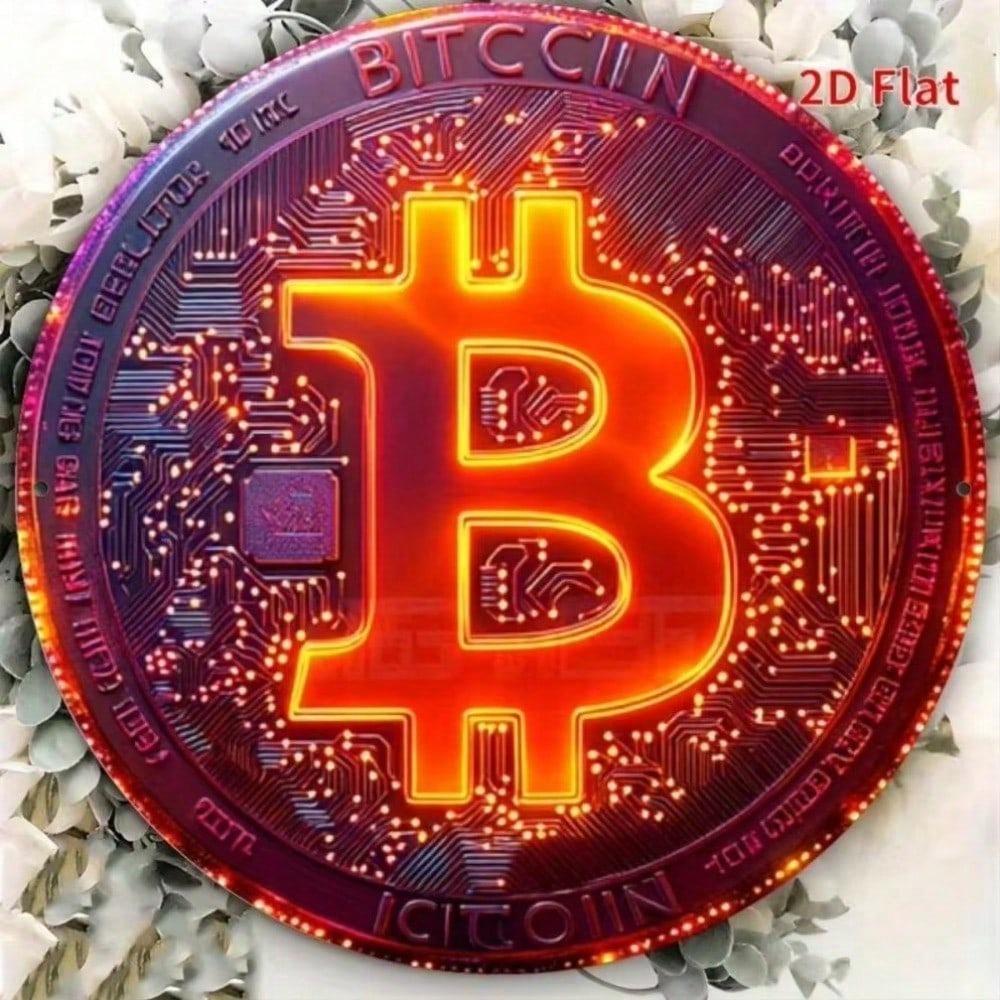 1PC Bitcoin Crypto Metal Wall Art Glitter Red Orange Sign Home Office Mining Decor