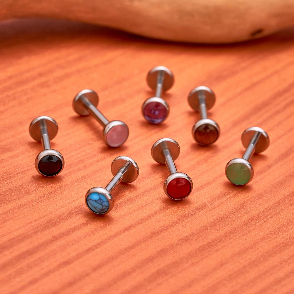 G23 Titanium Circular Needle Ear Lip Studs with Natural Stone Top Labret Tongue Nose Stud Earrings Body Piercing Jewelry