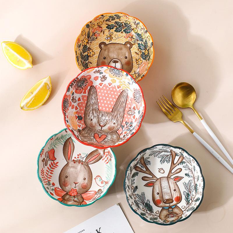 Direct Supply Underglaze Cartoon Ceramic Bowl Dessert Fruit Salad Bowl Microwave Oven Baked Rice Bowl Pet Bowl Household