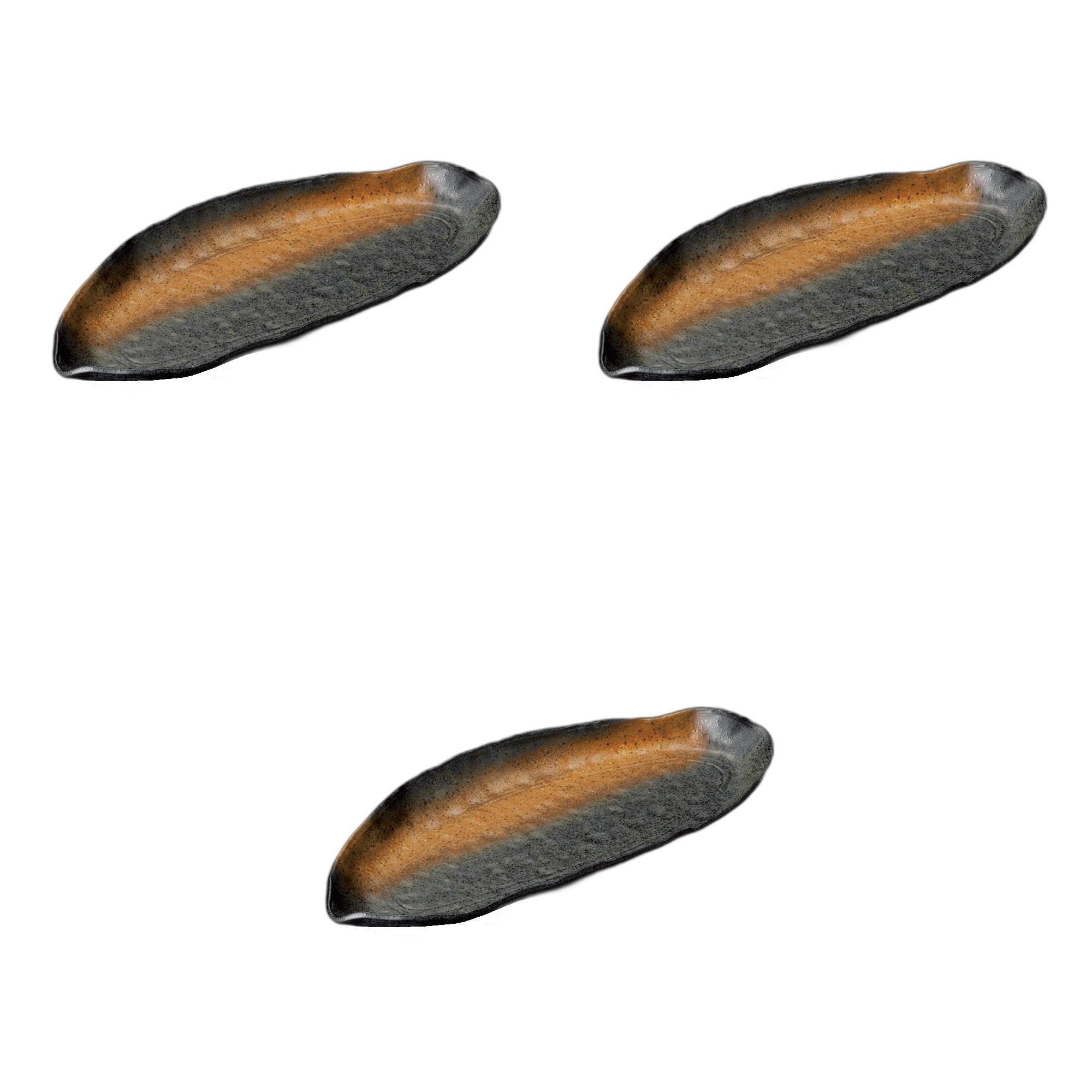 

Set of 3 Black Bizen Long Plates x 16 x Irregular Shape Ceramic Plates by Setomonohonpo Leaf-Shaped [36.5 3.5cm]