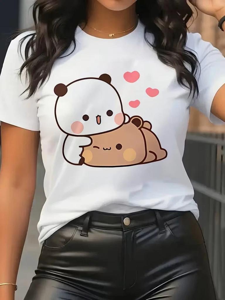 Women Cute Brown Bear T-Shirt Bubu Dudu Casual Short Sleeve All Season Tee