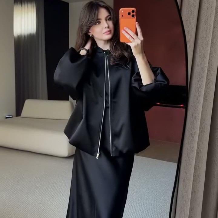 spring and autumn new European and American Amazon cross-border stand-up collar zipper jacket top fishtail skirt set