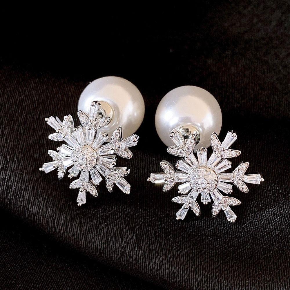 Light Luxury Crystal Snowflakes Earrings Pearl Zircon Dangle Earrings Snowflakes Earrings  Winter