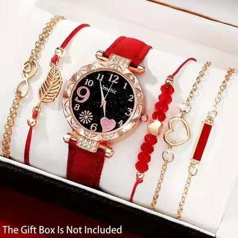 New Women'S Diamond Dial Belt Quartz Watch Beaded Bracelet 6-Piece Set Popular Women