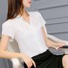Summer Chiffon Shirt Stand Collar V-neck Petal Short Sleeve Pullover Tops Solid Color Thin Women Blouse Workwear