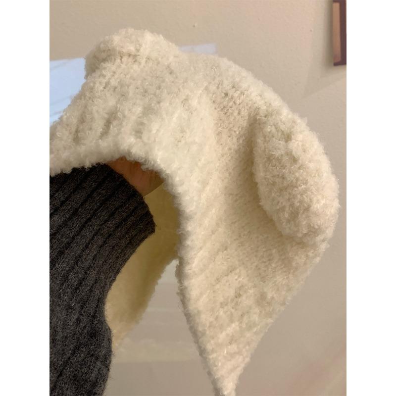Cute bear hat female winter warm gray ear hat autumn and winter knitted wool hat big head circumference