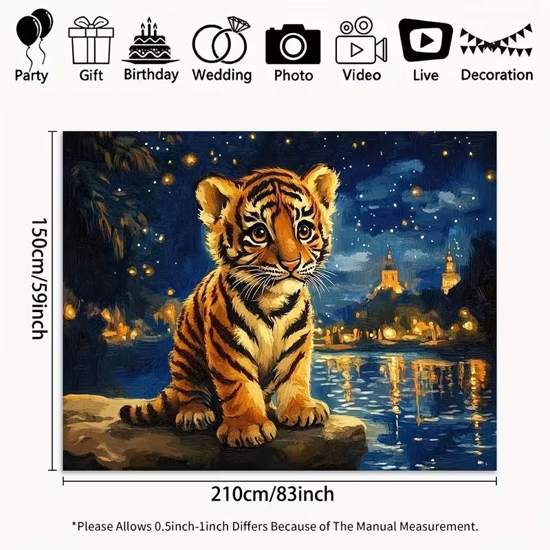 2D Whimsical Tiger Cub by Water Backdrop with Starry Night Lights