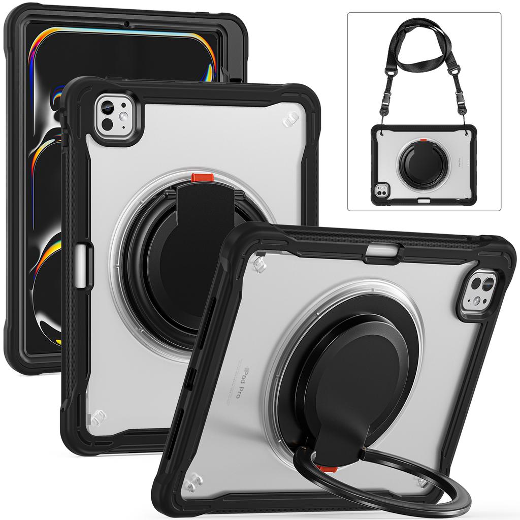For iPad Pro 11 (2025)/11 (2024) Case Rotary Kickstand PC+TPU+Silicone Cover with Shoulder Strap