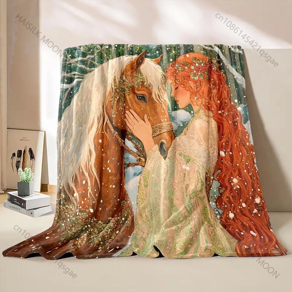 Horse and Woman Nature Scene Print Blanket Flannel Material Soft Warm for All Seasons Home Outdoor Camping Picnics Luxury Gifts