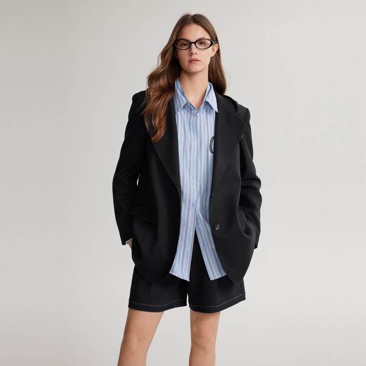 ELLE Francuski Design Jednolity Kolor Minimalistyczny Blazer z Kapturem Luźny Casualowy Garnitur Damskie marynarki Czarne EX49558