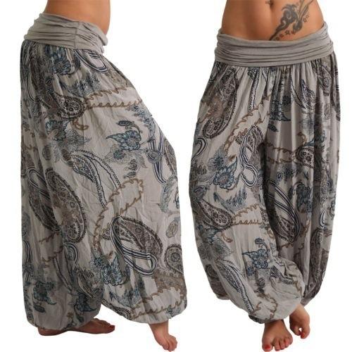 Women Casual Boho Print Pants Wide Leg Pants Loose Pocket Button Pants
