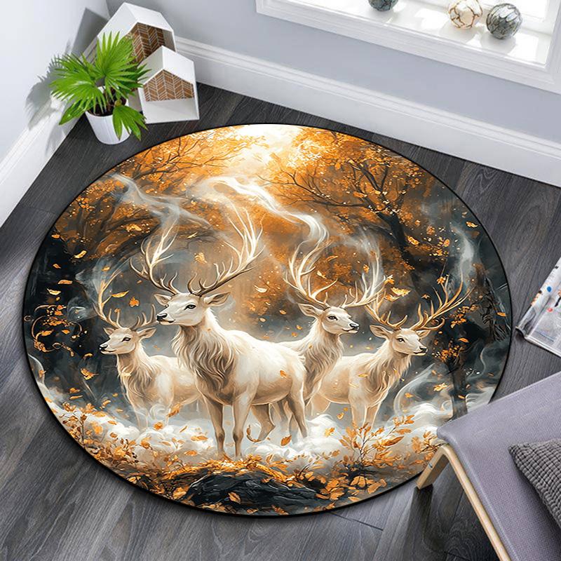 Enchanted Forest Deer Round Area Rug,Carpet Rug for Living Room Bedroom Sofa Playroom Decor,Non-slip Floor Mat