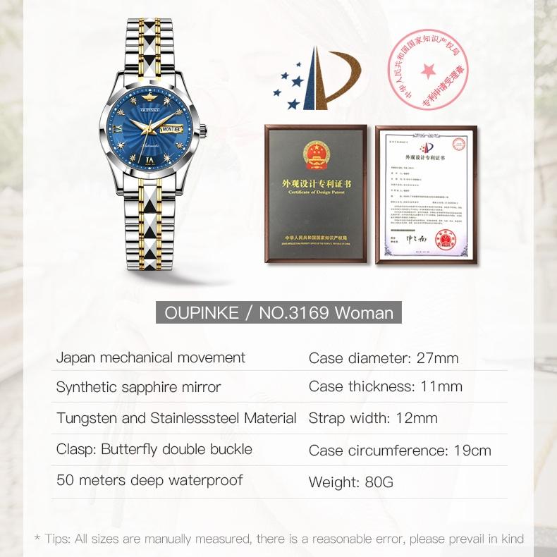 OUPINKE Montres en acier tungstène incrusté de diamants, montre mécanique automatique étanche pour femmes