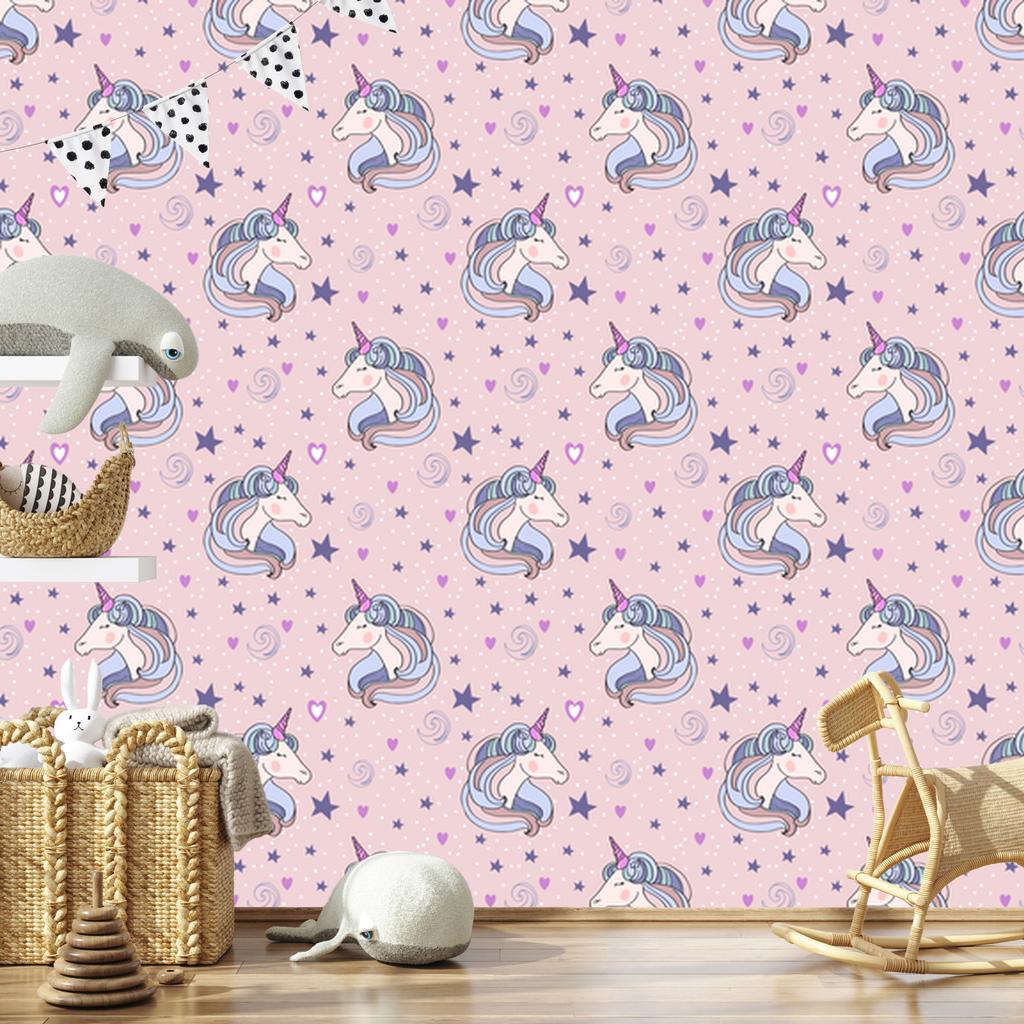 Sleeping Unicorns Wallpaper In Front of Stars and Hearts for Living Room and Bedroom 50x1000