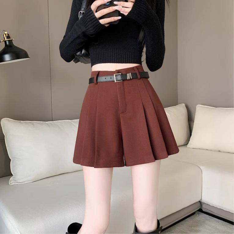 2024 A/W High Waist Woolen Pleated Wide-Leg Shorts - Casual, Versatile, Simple A-Line Design