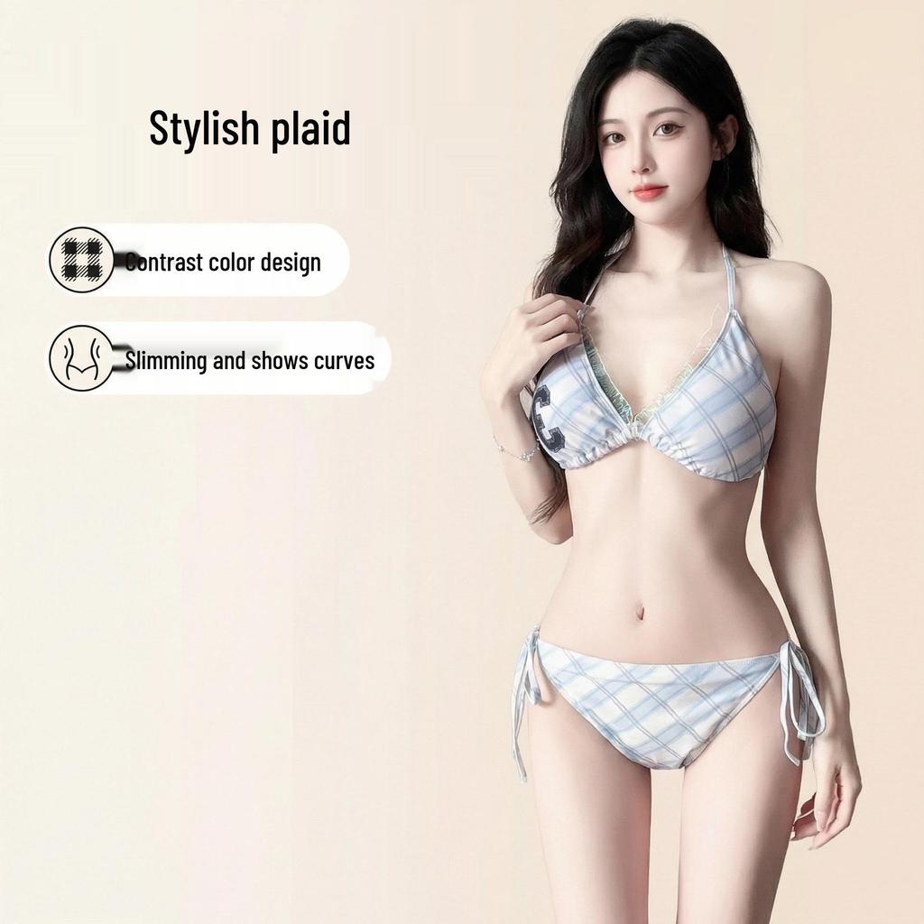 Pink Plaid Three-Piece Bikini & Skirt Set for Women