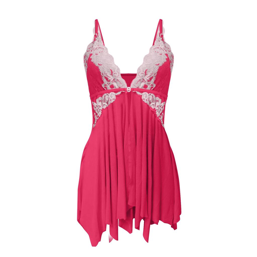 Ladies Sexy Multi-Erotic Pajamas Lace Lace Solid Color Mesh V-Neck Nightdress