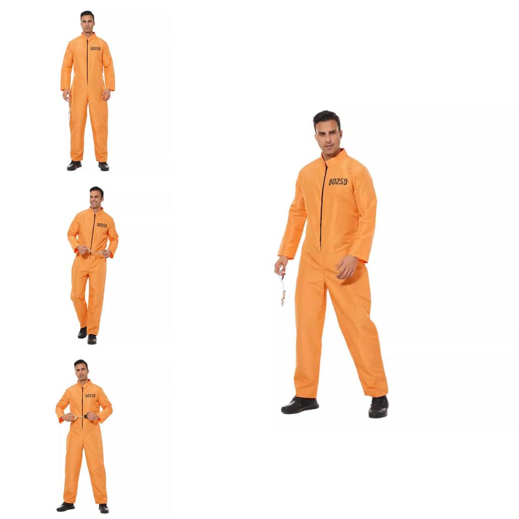 Strój Więźnia dla Dorosłych do Zabawy w Role Kostium na Halloween Poliester Unisex z Kajdankami do Cosplayu