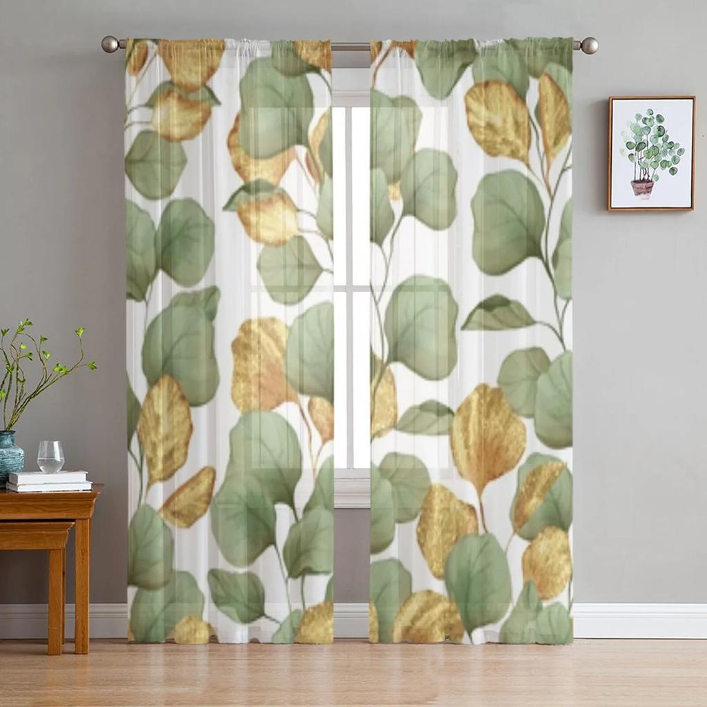 Green And Gold Leaves Sheer Curtains For Living Room Window Transparent Voile Tulle Curtain Bedroom Drapes Home Decor