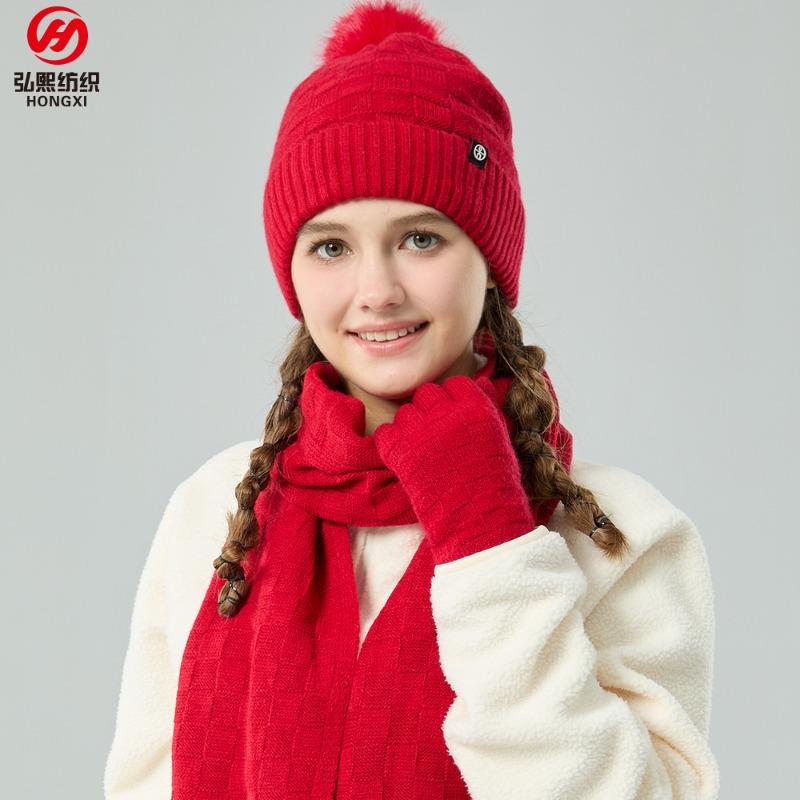 Winter warm scarf three-piece set outdoor cold-proof plush ball knitted hat scarf gloves 3-piece set