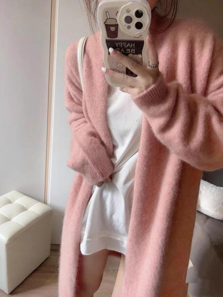 Women's Gray Oversized Knit Sweater Coat: Mid-Length, Over-the-Knee, Autumn/Winter, Thickened Lazy Style.