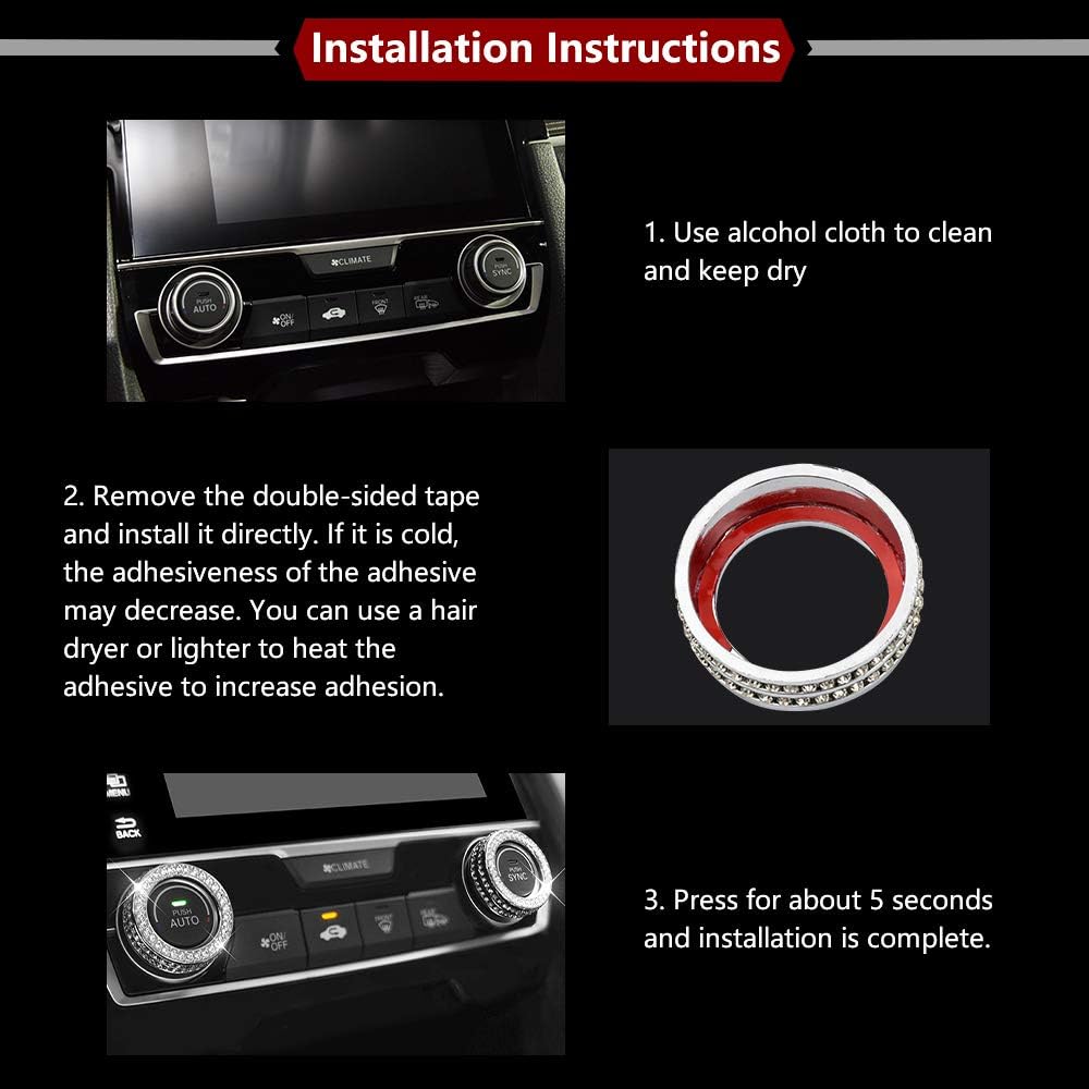 LECART Bling Car Accessories Fit for Honda Civic 10th Gen 2016 2017 2018    AC Knob Covers Auto Interior Bling Decor Crystal Metal Cover Trim Cute