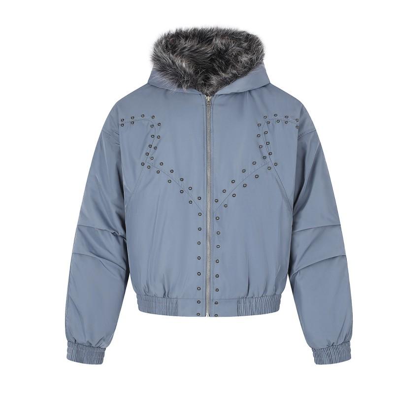 Magic Bear Streetwear Padded Jacket With Rivets Faux Fur Collar Loose Fit Winter Coat Teens
