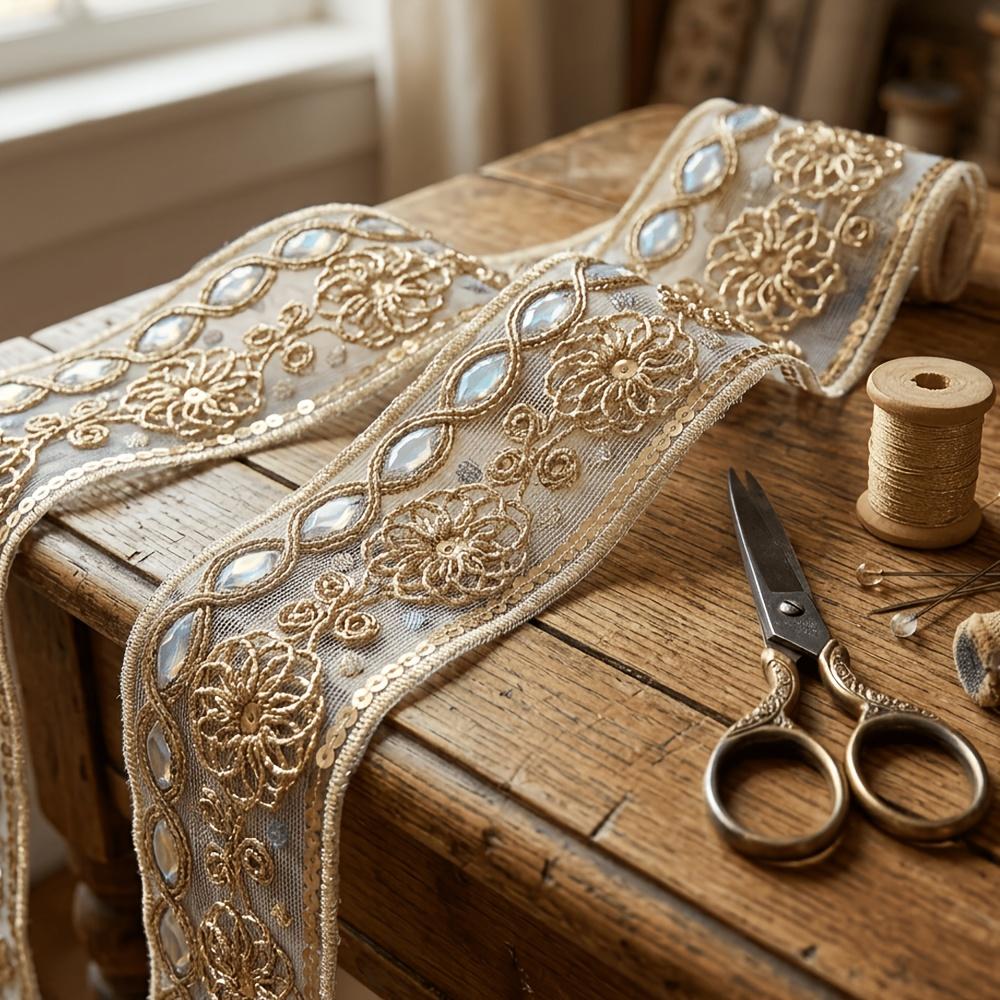 Vintage Goldfaden-Stickerei auf Spitze mit schillernden Strasssteinen und Pailletten