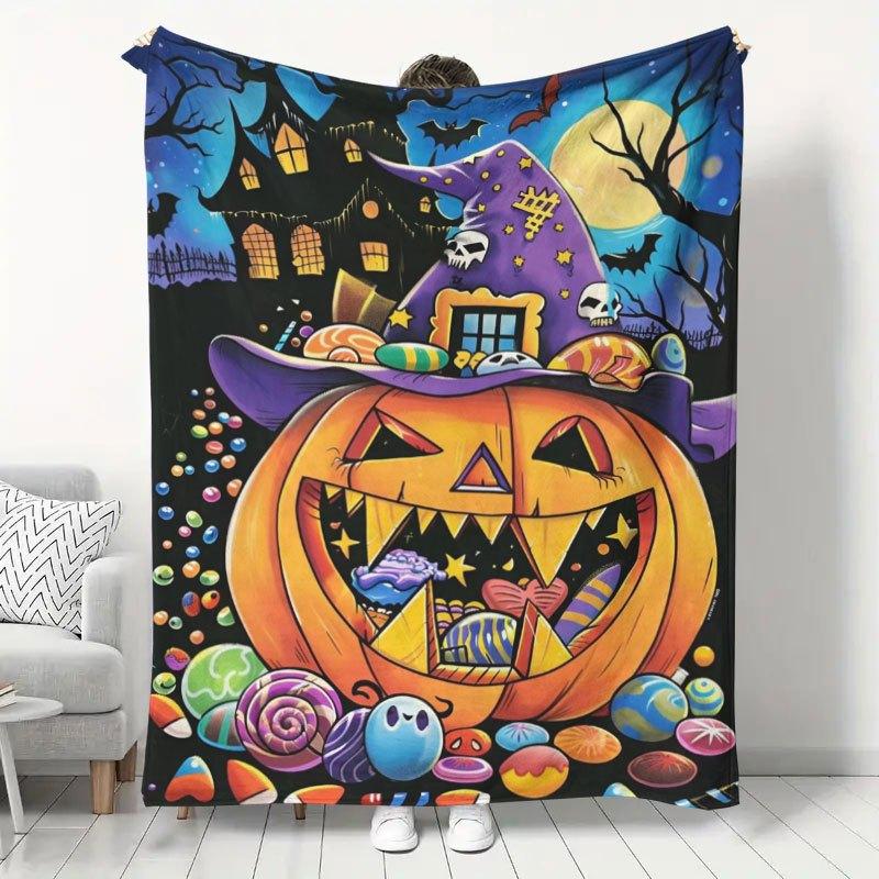 1pc Halloween Themed Pumpkin Pattern Flannel Blanket, Holiday Atmosphere Jack-o'-Lantern, Witch Hat, and Candy Print Throw Blanket, Home Living Room S